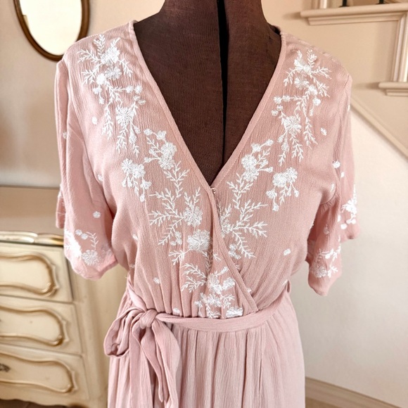 BOHME Size Small Dusty Pink Embroidered Feminine Tiered Ruffle Maxi Dress Spring - Picture 5 of 11